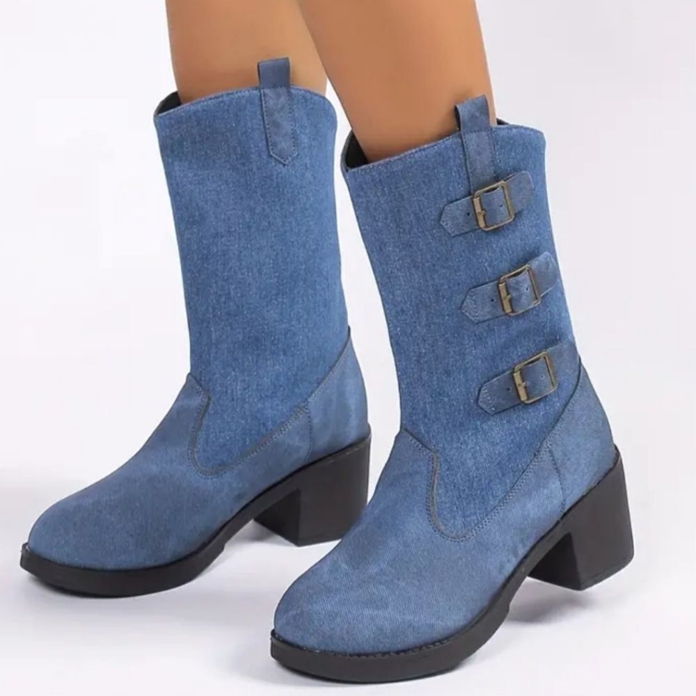 Denim chunky heel boots sz 7.5